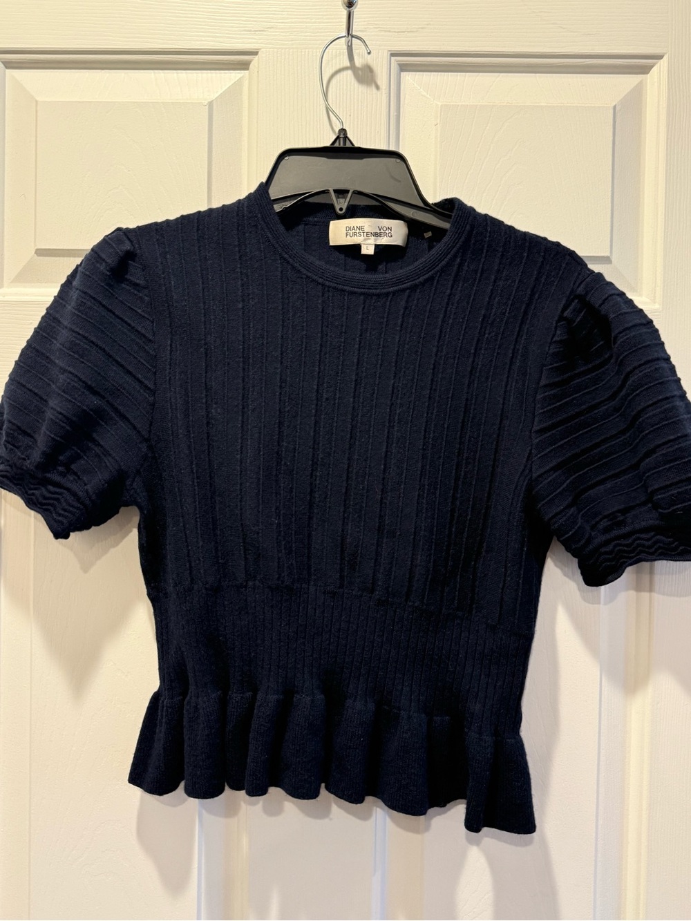 Diane Von Furstenberg Navy Ribbed Short Sleeve Peplum Sweater